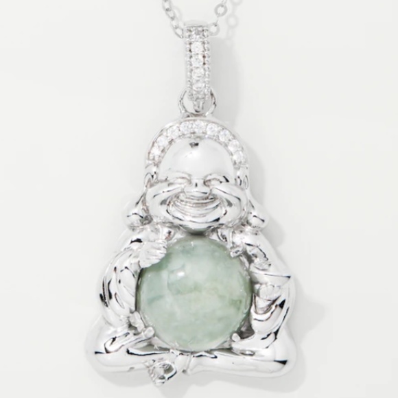 Sterling Silver Genuine Green Jade Smiling Buddha Pendant - Picture 14 of 14